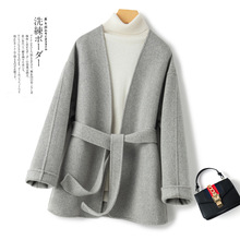 21秋冬新款双面羊毛外套女士短款宽松呢子大衣毛呢外套小个子系带