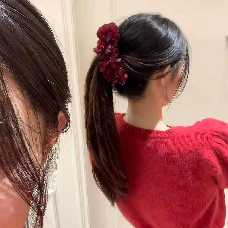 灼灼其华~气质红色花朵香蕉夹发夹女新娘发饰头花盘发马尾抓夹|undefined
