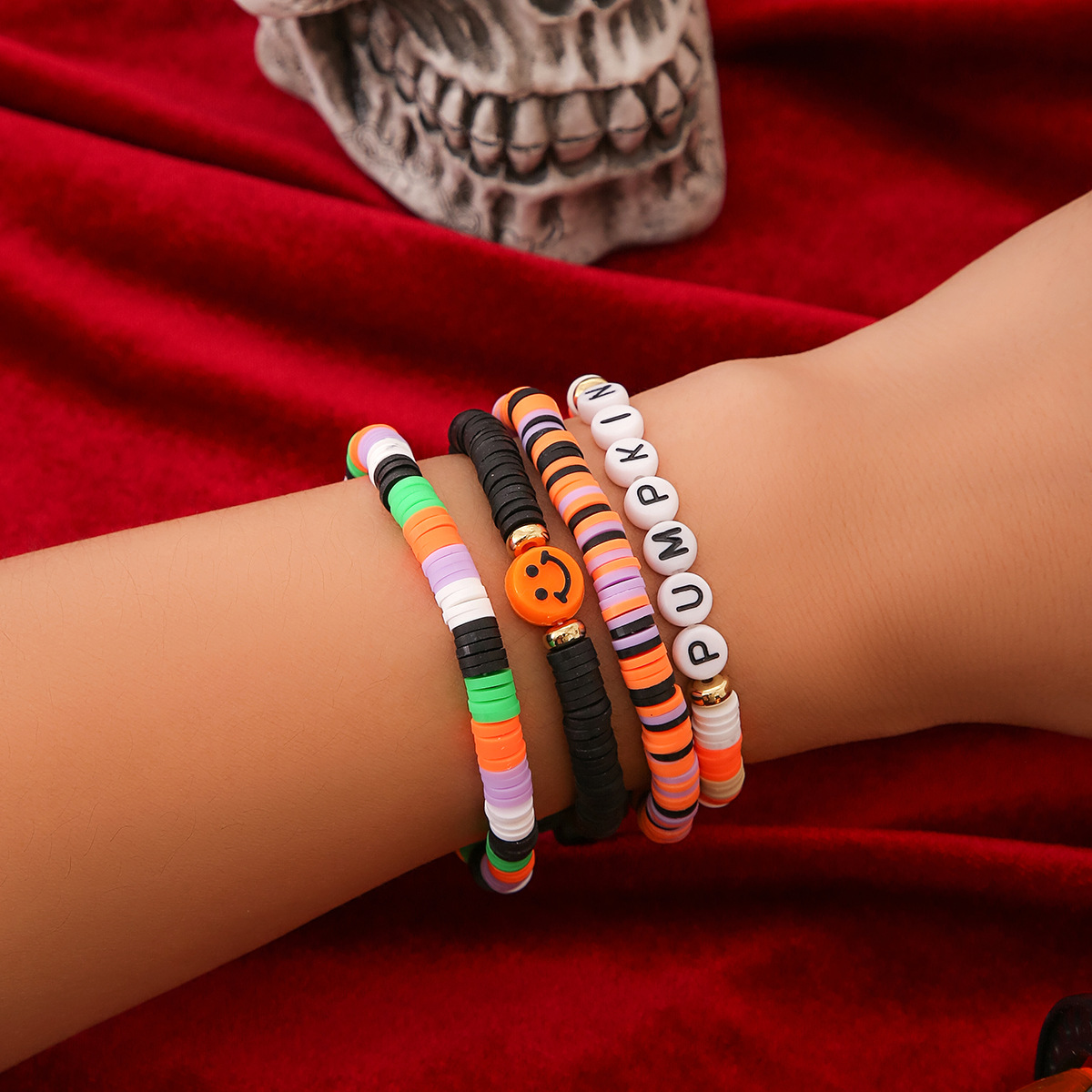 Bracelet de citrouille en perles d'Halloween, ensemble de bijoux de vacances en poterie souple, bracelet en dopamine élastique_voghion.com