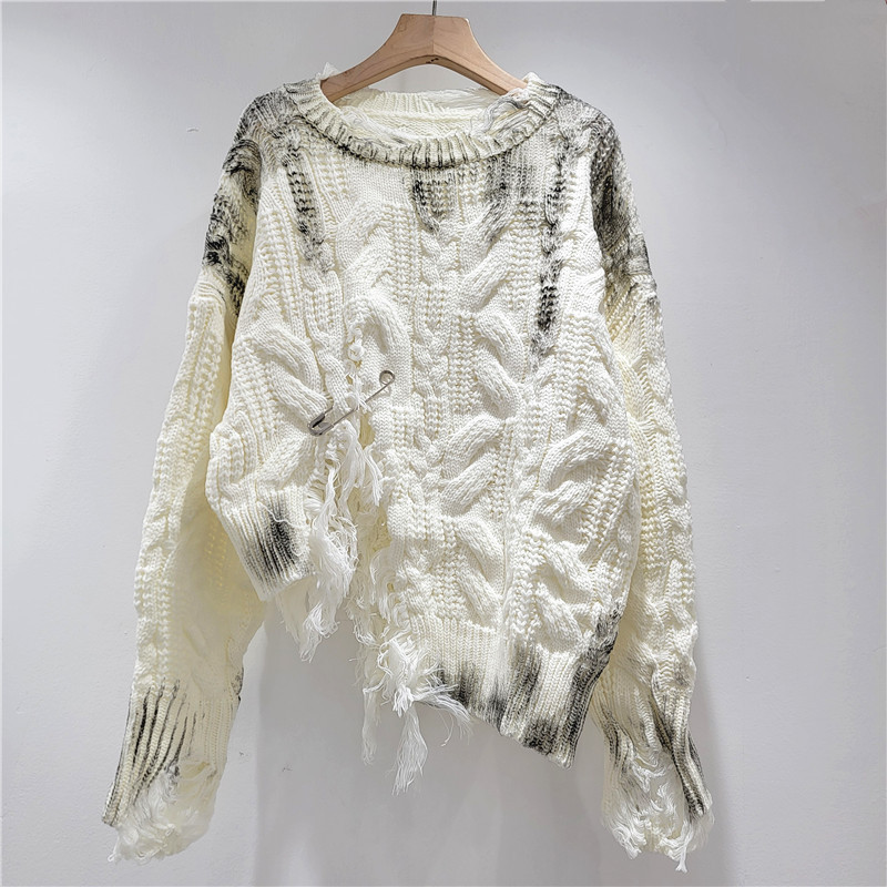 Nicho de horquilla irregular agujero suéter mujer moda coreana polirido color callejero universal camisa de punto suelta camisa de punto de moda image 4