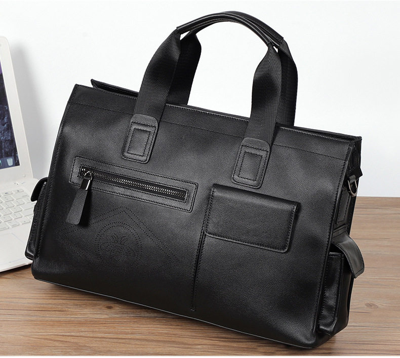 Túi xách tay nam da bò thật dung tích lớn 40×13×29 cm, đựng tài liệu và laptop 15,6 inch — Dây kéo dọc da bò màu đen, Dây kéo ngang da bò màu đen, Da cừu lớp đầu màu đen chi tiết 8