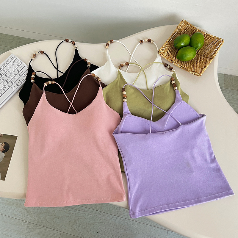 American Beaded Design Cotton Beauty Back Camisole for Women with Breast Pads for Inner Wear and Outer Wear Sexy Retro Sleeveless Top