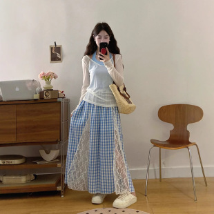 Slightly See-Through V Neck White Blouse T-Shirt Women's Halterneck Vest Suit Autum Lace Splicing Plaid Skirt Three-Piece Set