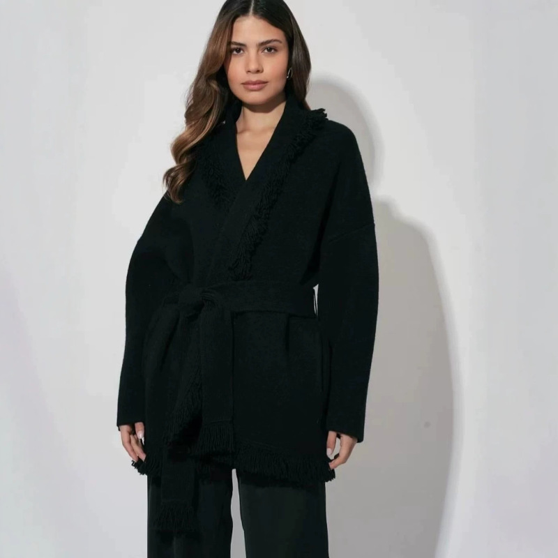 Cross-Border Autumn and Winter New Style Bathrobe-Style Tie-Up Tassel Lazy Wear Lapel Sweater Black Mid-Length Cardigan Coat Cross-Border Autumn and Winter New Style Bathrobe-Style Tie-Up Tassel Lazy Wear Lapel Sweater Black Mid-Length Cardigan Coat