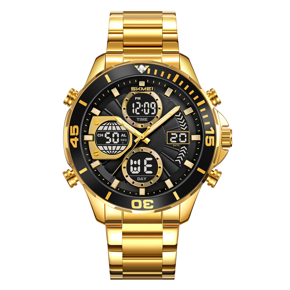 Momento de belleza para hombres doble reloj 30 metros de acero impermeable reloj de pulsera de negocios reloj deportivo de luz nocturna multifuncional al por mayor