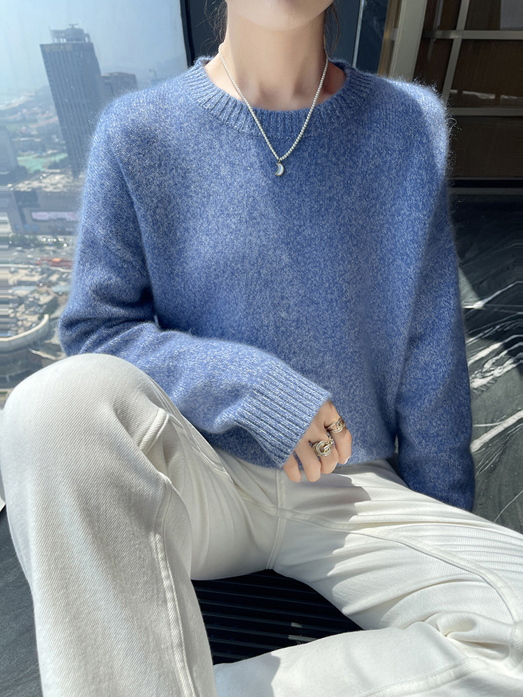Cashmere demi-season woolen knitted sweater with a round collar