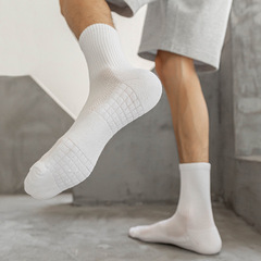 Men's Mid-Calf Socks with Square Sole, Sport Towel Sole, Thick Cotton, Long-Calf Sports Socks, Autumn Basketball, White, Men's Fashion