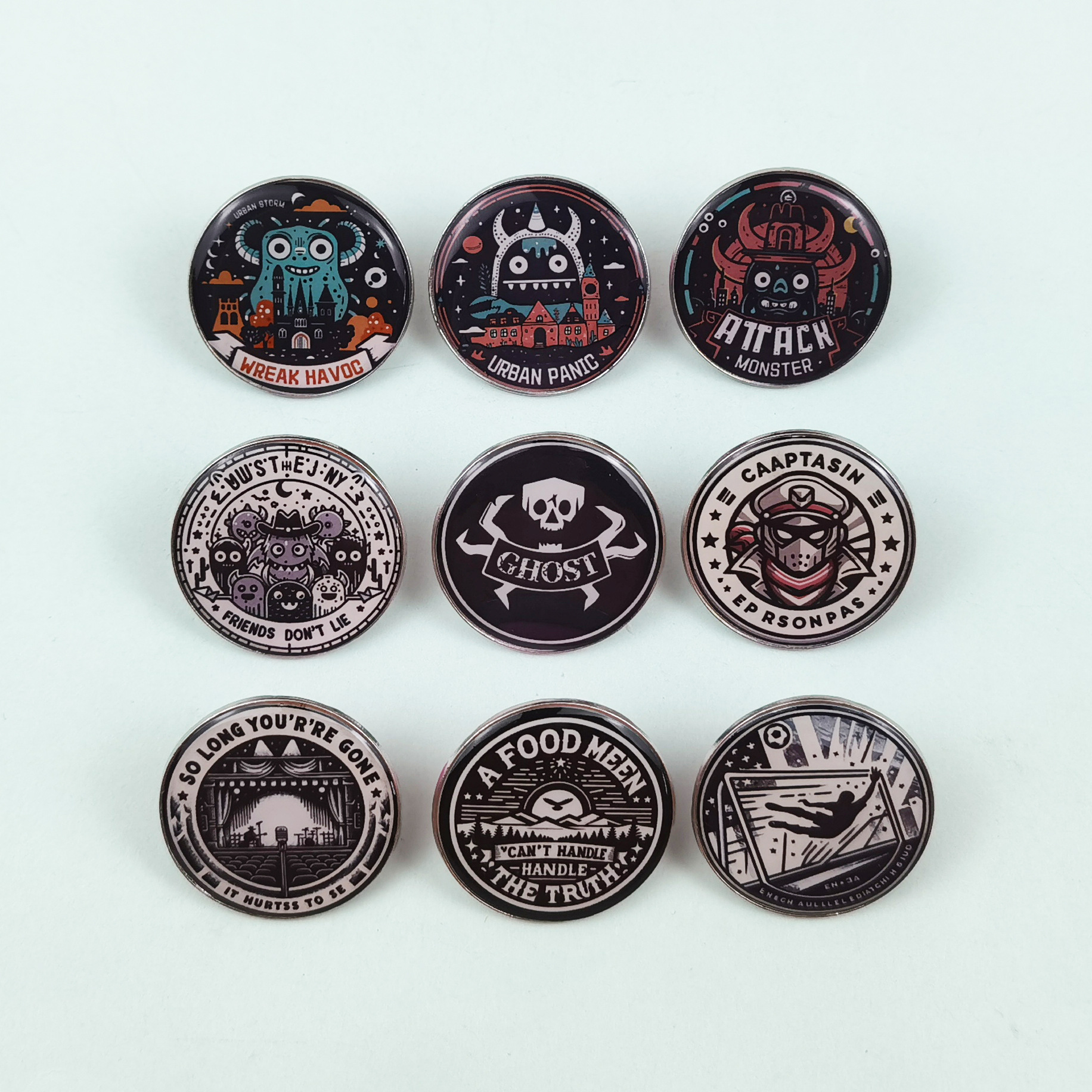 Broche de metal redondo transfronterizo patrón de dibujos animados medalla de joyería estilo retro europeo y americano mochila insignia de alfiler