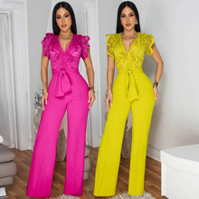 CY901738款性感V领无袖纯色连体裤 系带阔腿裤长裤 欧美外贸款女