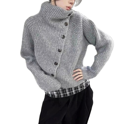 Autumn and winter lazy and high-end new style knitted cardigan soft waxy top for women Korean style irregular turtleneck sweater for women