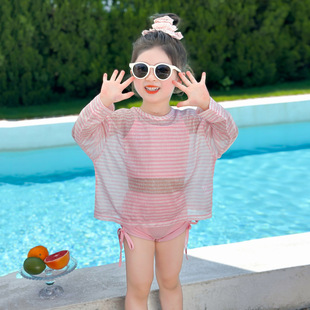 Girls Swimsuit Summer New Style Kidsren's Seaside Hot Spring Long-Sleeved Blouse Three-Piece Set Girls Split Boxer Swimsuit