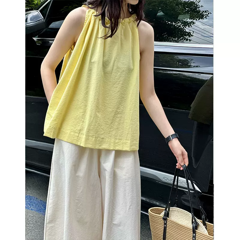 橘芷2025春夏无袖背心衬衫女设计感宽松小衫挂脖a字棉上衣9825