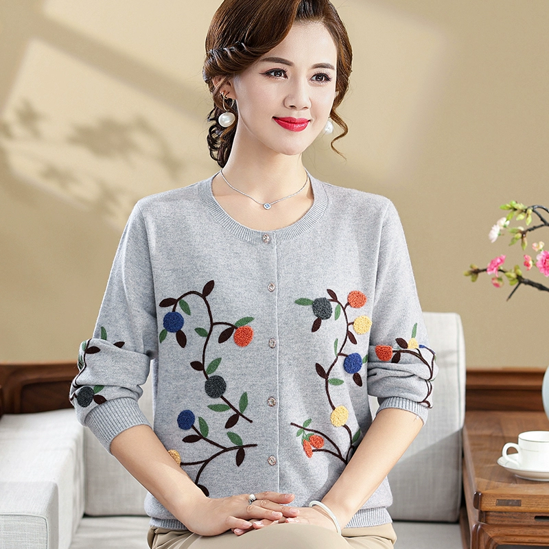 Mother Woolen Cardigan - Spring/Autumn Knit with Floral Embroidery, Sizes M-5XL, Camel/Red/Gray