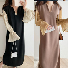 外单韩国日系日本外贸春秋冬套头假两件套拼接雪纺裙子连衣裙长裙