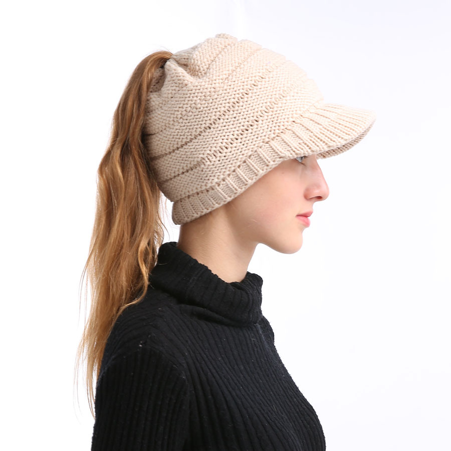 Klassische europäische und amerikanische Strickmütze, warme Strickmütze, Damen-Strickmütze mit offenem Himmel, Pferdeschwanz-Strickmütze, Entenschnabel-Wintermütze für Wärme – Detail 23
