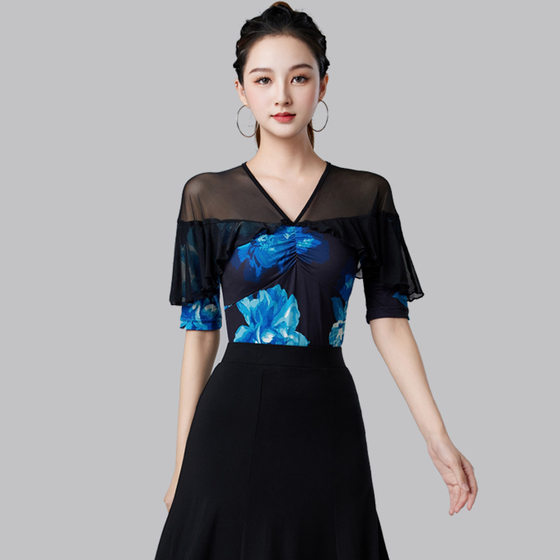 Dulu GB Modern Dance Top Women's New Fashion Printed Lotus Leaf Mid-Sleeve Dance Clothes Latin Dance Dancing Costume