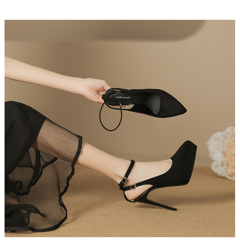 Giày cao gót nữ mũi nhọn da lộn, gót 10 cm, đế chống thấm nước — Satin đen-10cm chi tiết 6