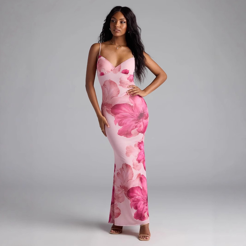 2025 Summer New European and American Style Sling Printed V-Neck Mid-Waist Backless Hip Fashionable Hot Girl dress