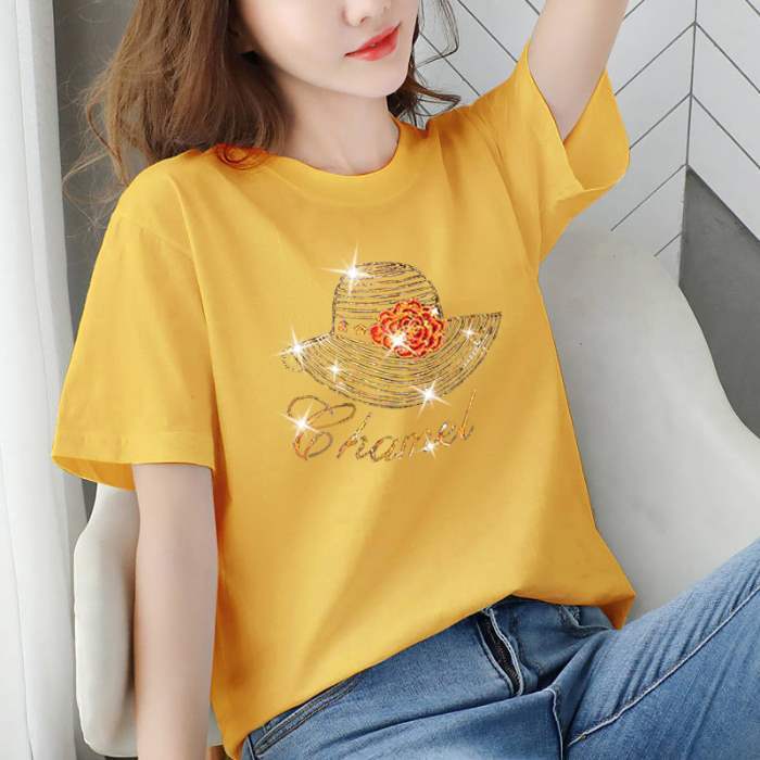 888 # プラスサイズの女性の夏の新しい韓国スタイルのスリムなTシャツ、女性用、ゆったり、多用途、ファッショナブルなダイヤモンドがちりばめられた半袖トップス、トレンディです。|undefined