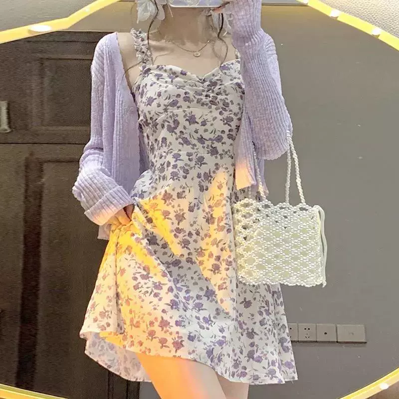 Одиночный набор цветочный слинг платье трикотажный солнцезащитный кардиган женский летний дизайн маленький темперамент короткая юбка