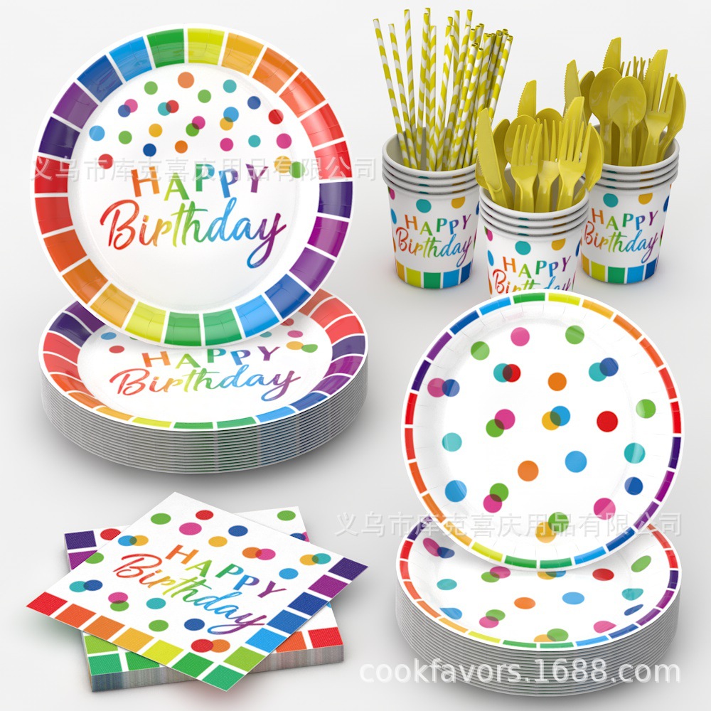 Venta caliente arco iris lunares fiesta de cumpleaños decoración decoración bandeja de papel desechable toalla de papel mantel juego de decoración de bandera brala