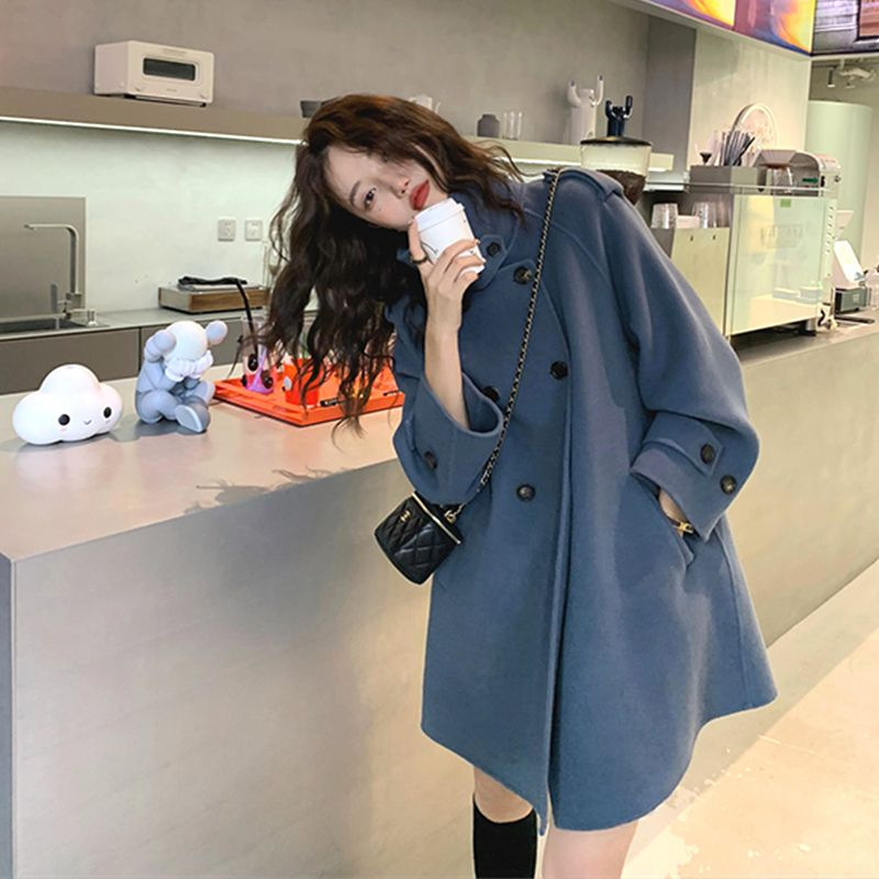 Blue Cape Coat Women's Woolen Winter 2023 Short Hepburn Korean Style Thickened Woolen Coat Trend