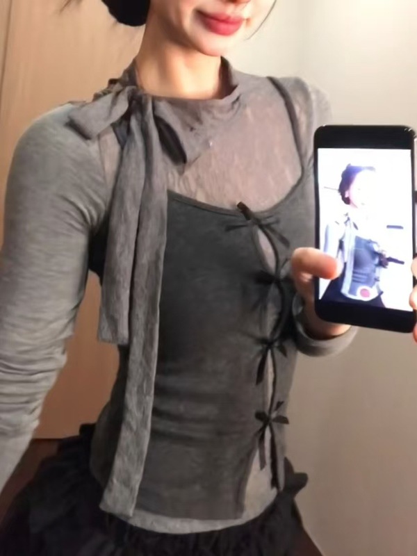 灰色辣妹蝴蝶结真两件长袖t恤女秋季设计感纯欲风修身打底衫上衣|undefined