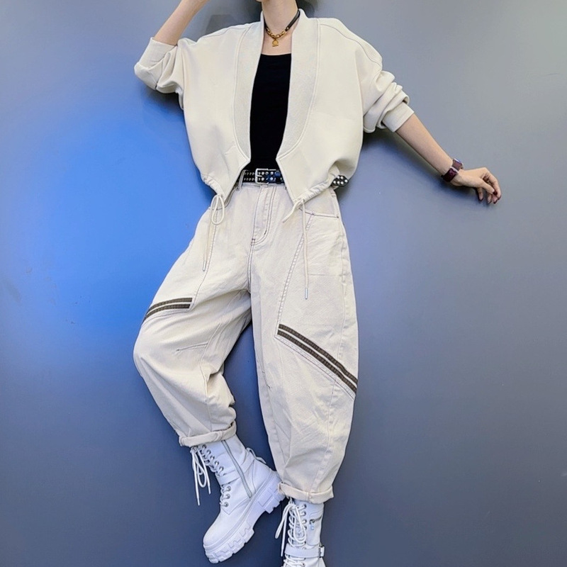 Spring cardigan [apricot green coffee black] design thread stitching coat-hypotenuse apricot jeans