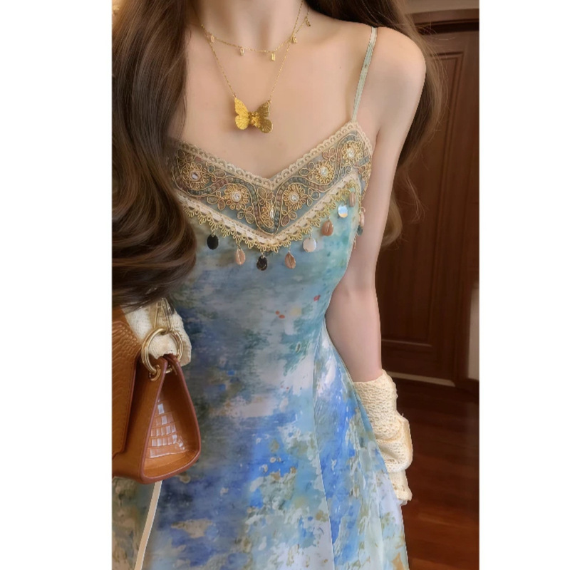 夏のドーパミン海辺の休暇の服装、写真撮影、絶妙なスカート、サスペンダー、ブルーのレトロなドレス|undefined