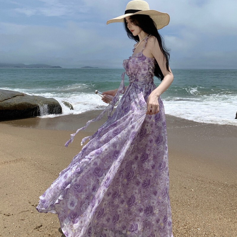 2023 Summer New Women's Clothing French Retro Printed Long Skirt and Slimming Fairy Sling Dress Long Skirt