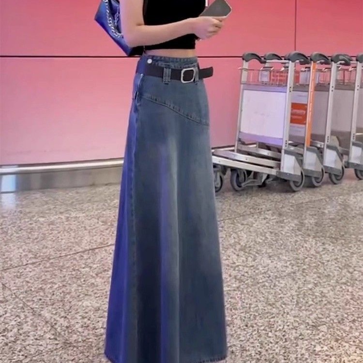 美式小众辣妹a字牛仔半身裙女2025秋季新款韩系复古包臀长裙ins潮|undefined