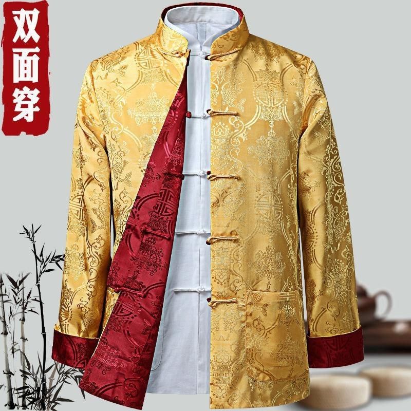 Tang Suit Men's Silk Chinese Style Vintage Long-sleeved Jacket Spring and Autumn Chinese Style Double-sided Jacket Ethnic Hanfu Men