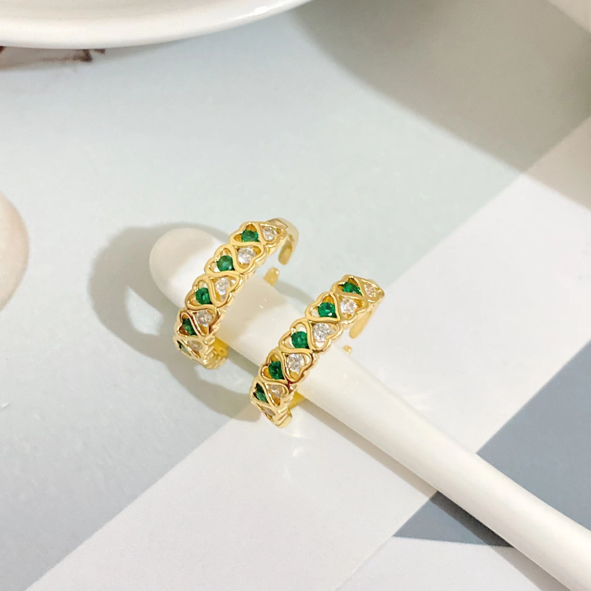 new copper-plated 18k gold heart-shaped diamond-set zircon open ring