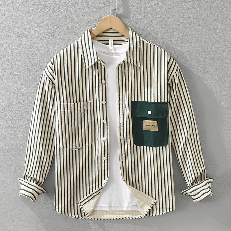 7269 Japanese Style Style Fresh Stripesd Long-Sleeved Shirt Men's Fashionable Casual Versatile Literary Loose Top Drop Shipping