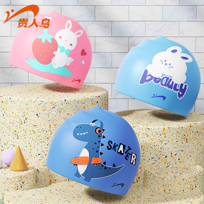 Elegant birds children bathing cap lovely Cartoon men and women summer waterproof Le head Ear silica gel Swimming cap wholesale