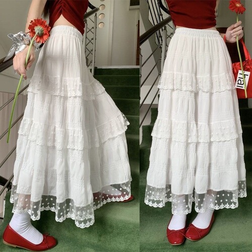 White Semi-Body Skirt for Women, Design-Focused Lace Edge Tiered Cake Skirt, Spring and Summer High-Waist French Style Maxi Dress with Large A-Line Skirt