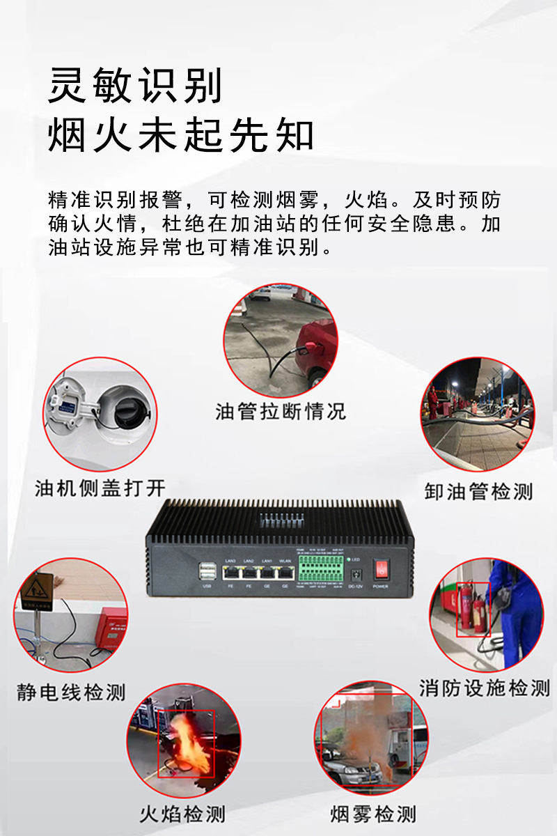 Smart Fire Protection AI edge computing box, gas station behavior attribute analysis, smoke and flame detection, high-temperature early warning undefined