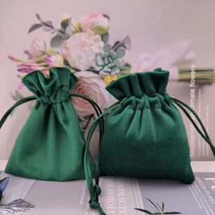 New Dark Green Velvet Drawstring Flap Pocket Pants Earrings Necklace Lipstick Cosmetics Storage Bag with Logo Printing