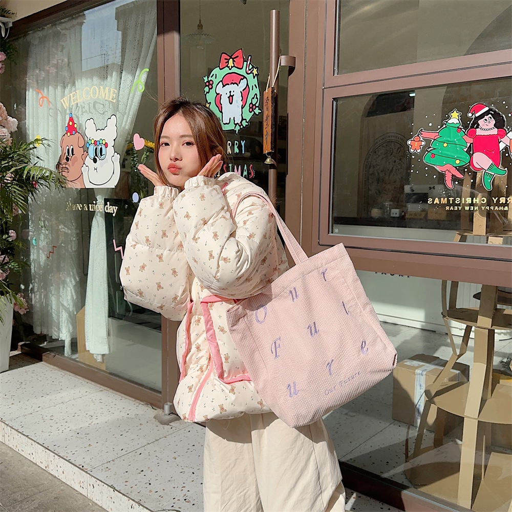310262 embroidered letter future corduroy single-shoulder Maillard color hand-held canvas bag Women's tote bag undefined