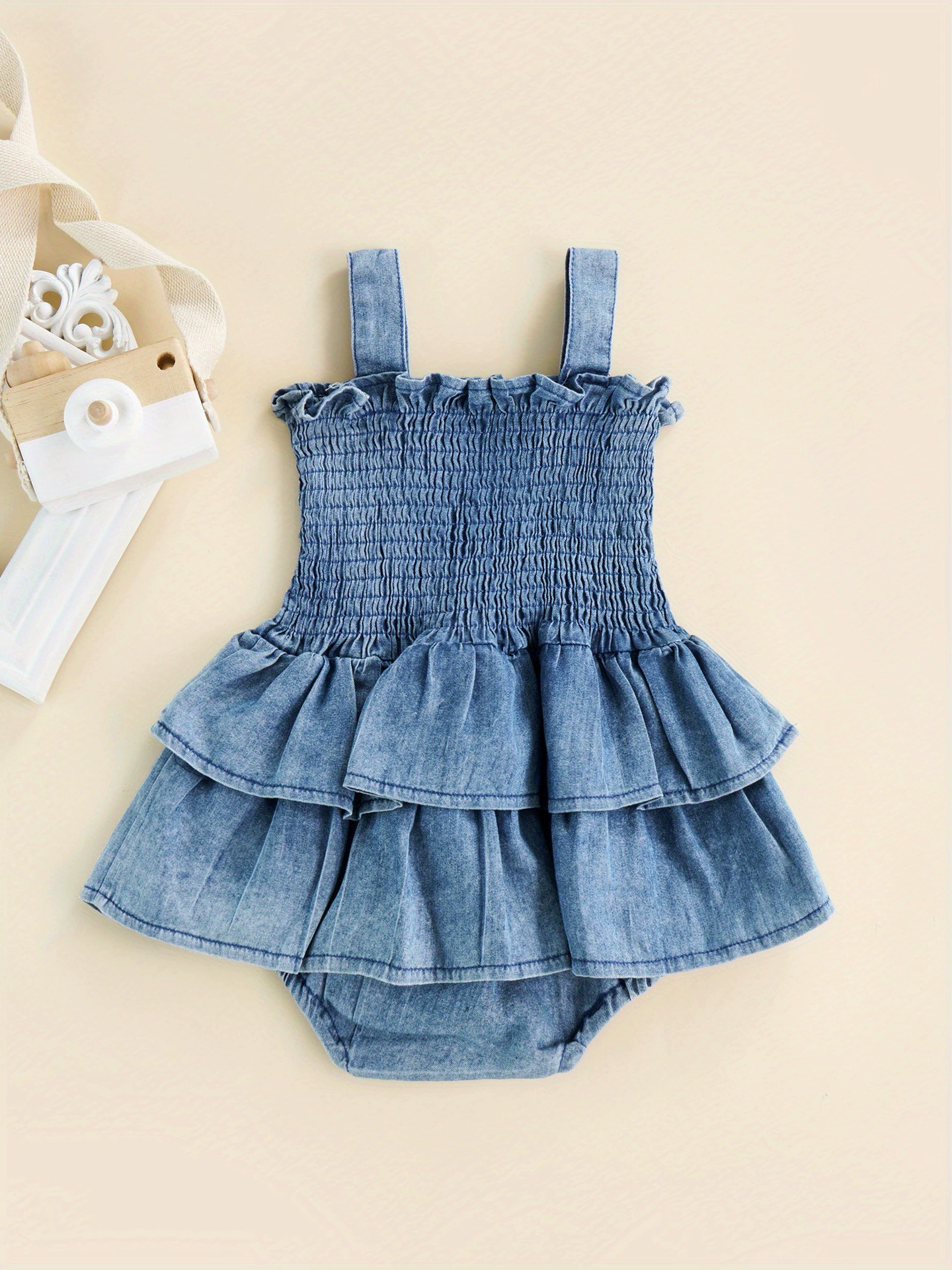 Adorable Blue Denim Baby Girl Romper Dress Sleeves