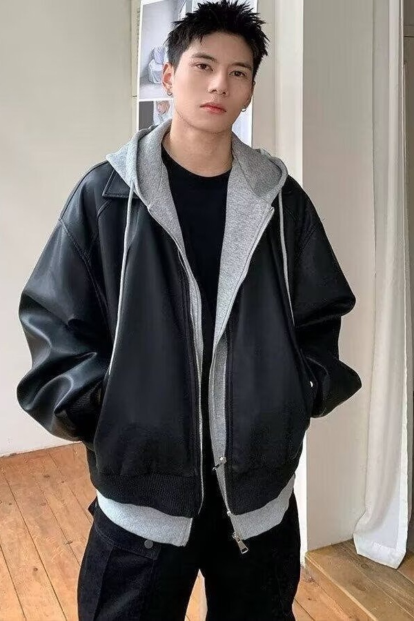 Herren Kapuzenjacke Aus Kunstleder Im Old Money Stil Set_voghion.com