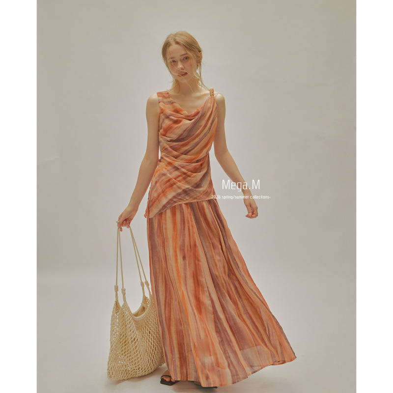 Margemeng Large Hem Flowing Mid-Length Skirt 2026 Summer New High-Waisted A-Line Textured Skirt