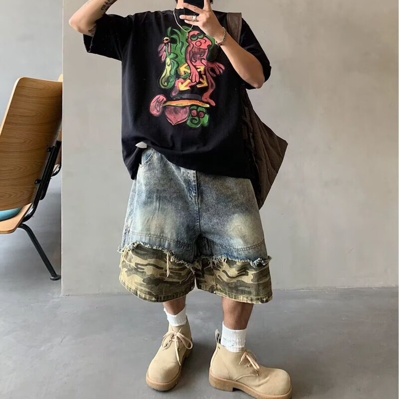 American Retro Workwear High Street Cool Camouflage Shorts for Men, Summer Trendy Brand Loose Versatile Five-Point Casual Shorts