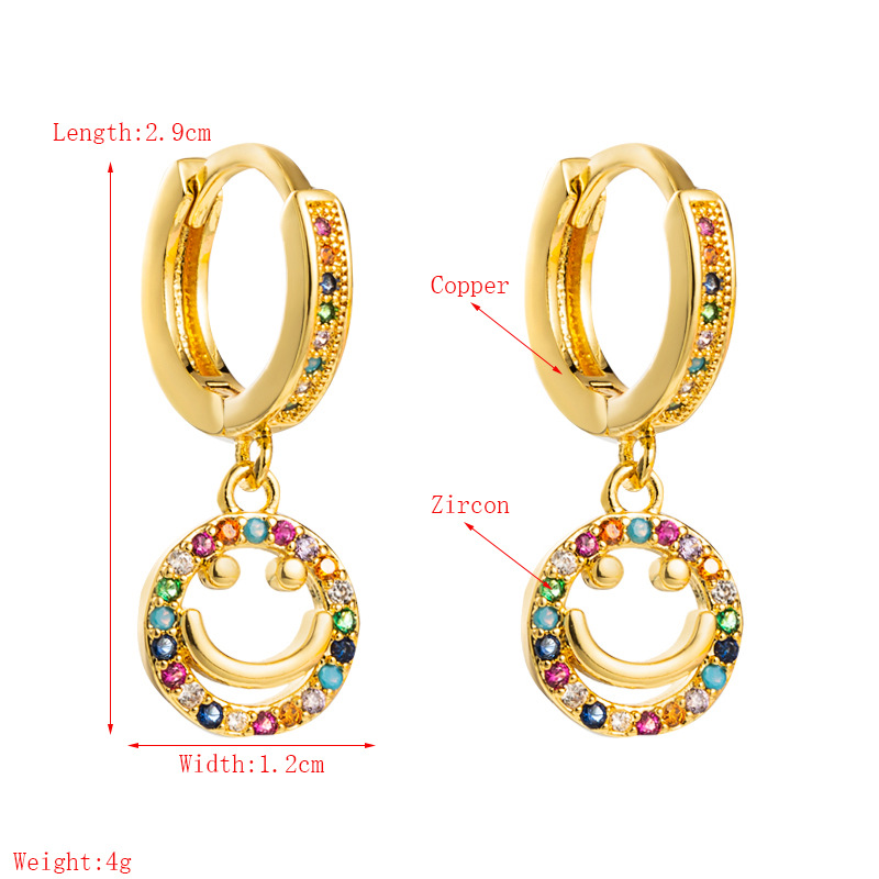 Européen Et Américain De Mode Creative Cercle Smiley Visage Forme Pendentif Boucles D'oreilles Placage De Cuivre 18k Or Incrusté Couleur Zircon Boucles D'oreilles En Gros display picture 1