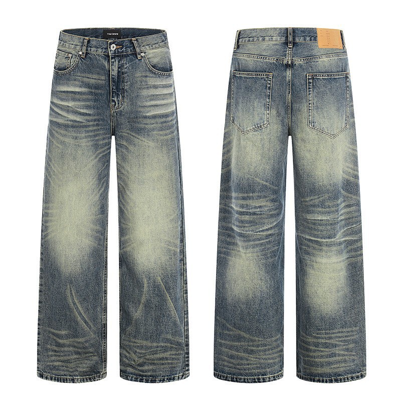 Tuochuan Ck9756 American Retro Dark Blue Whiskered Jeans for Men and Women, Washed and Distressed, Straight-Cut, Slimming