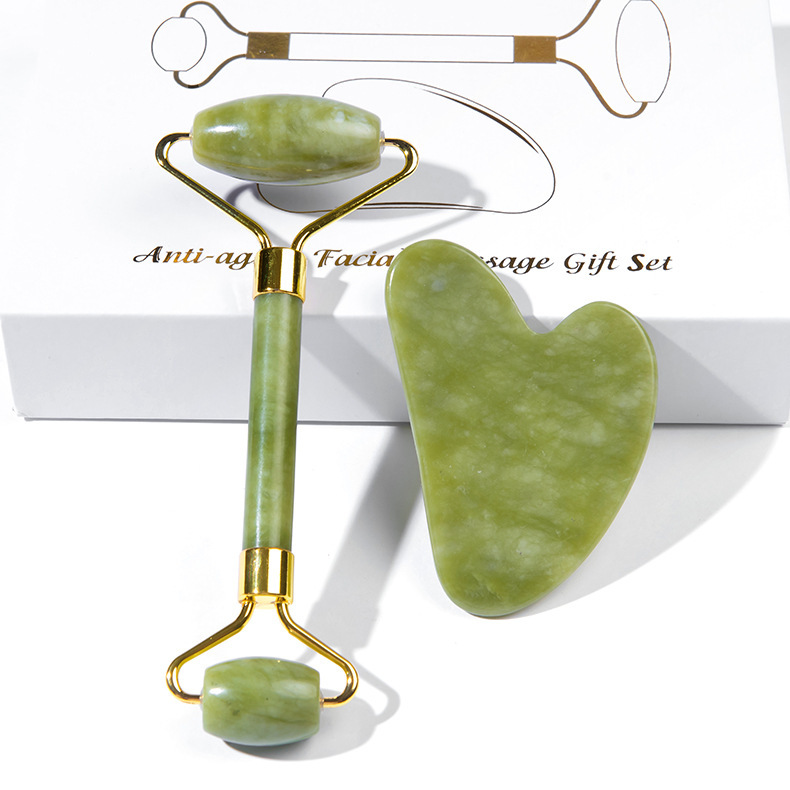 Source Factory Natural Jade Roller and Gua Sha Board Two-Piece Set for Facial Meridian Massage, Jade Beauty Massage Roller