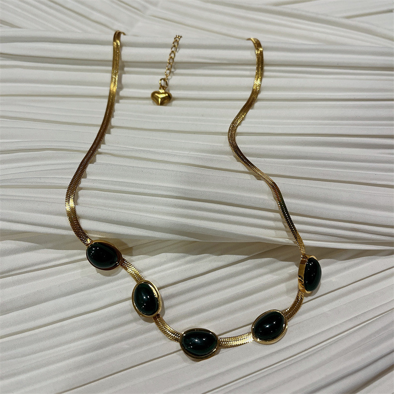 Fashion Round Titanium Steel Gold Plated Inlay Opal Necklace Colorza_colorza_5