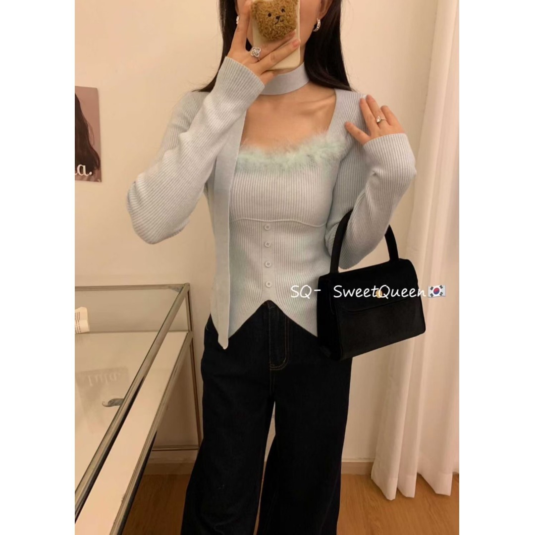 純欲の毛のつなぎ合わせの方襟のニットの女性の秋の新型の修身の小さい大衆のギャルの中でショートタイプの底の上着を掛けます。