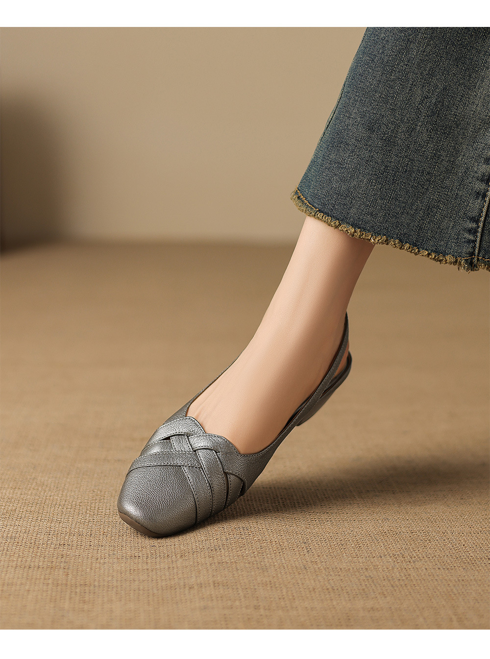 Sandal nữ mũi nhọn quai dệt gót thô 3.5 cm da cừu — Champagne màu chi tiết 12
