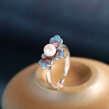 人品银品S925银镶嵌珍珠简约时尚滴胶烧蓝开口女式戒指跨境新品